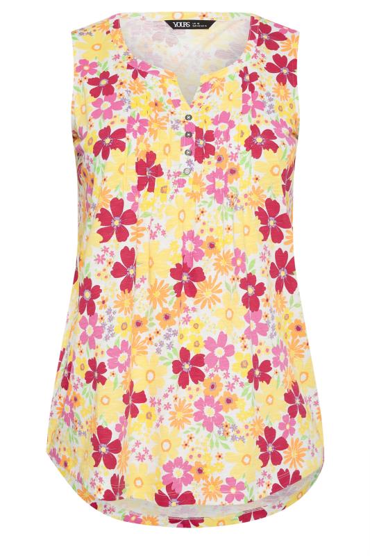 YOURS Plus Size Yellow Floral Print Pintuck Henley Vest Top | Yours Clothing 5
