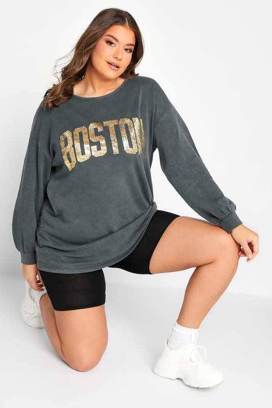 Curve Charcoal Grey 'Boston' Slogan Sweatshirt | Yours Clothing 2