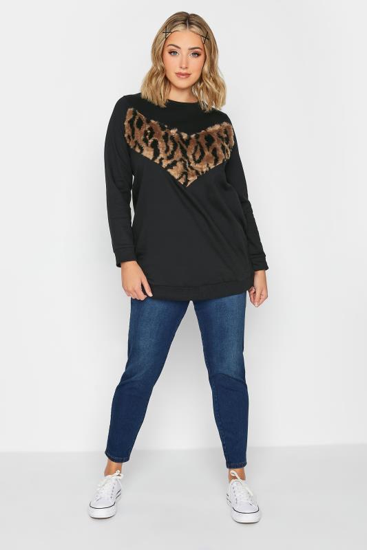 Plus Size Black Leopard Print Faux Fur Panel Sweatshirt | Yours Clothing  2