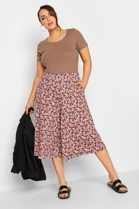 YOURS Curve Black & Pink Floral Print Culottes | Yours Clothing 2