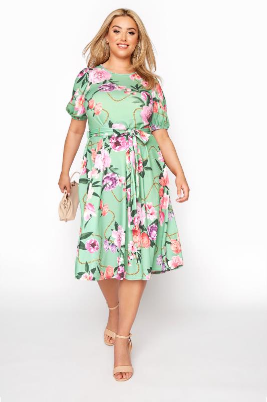 Plus Size  YOURS LONDON Curve Green Floral Chain Print Puff Sleeve Skater Dress