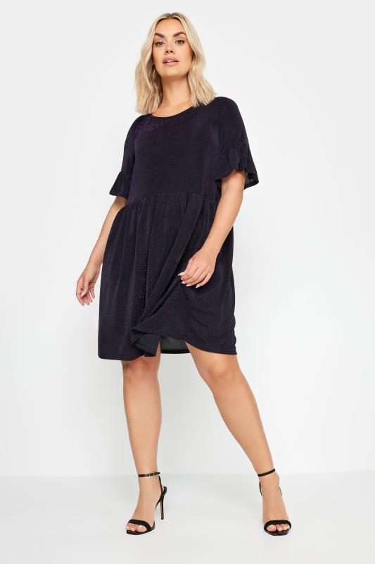 YOURS Curve Plus Size Black & Purple Glitter Frill Sleeve Tunic Dress | Yours Clothing  2
