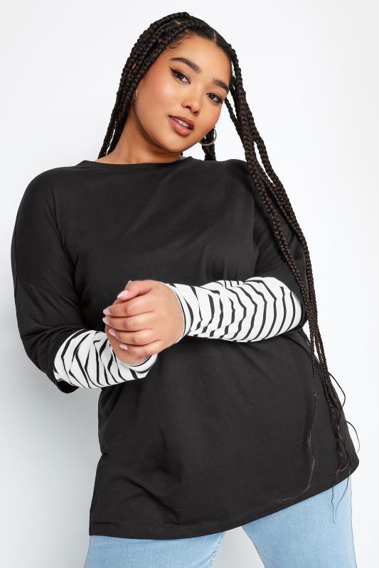 Plus Size  YOURS Curve Black 2 In 1 Stripe Sleeve Top