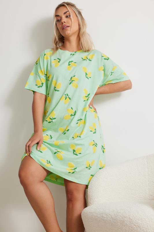YOURS Plus Size Green Lemon Print Sleep Tee Nightdress | Yours Clothing 2