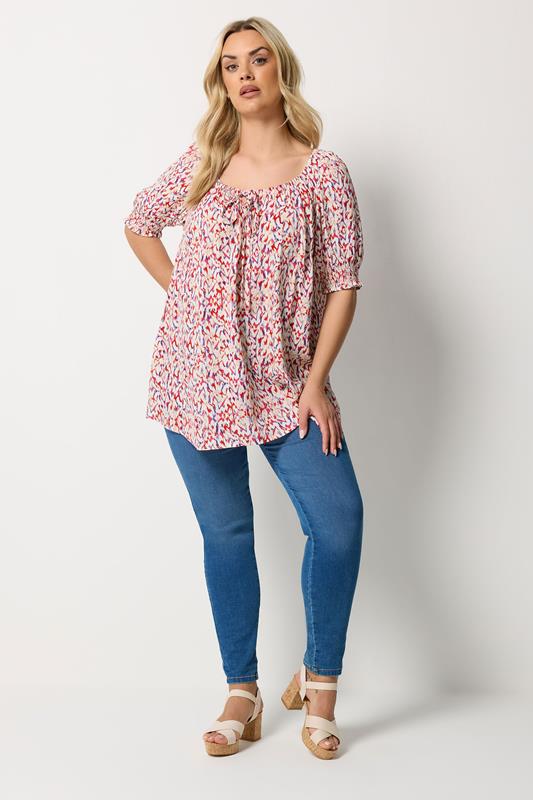 YOURS Plus Size Red Abstract Tie Neck Blouse | Yours Clothing 1