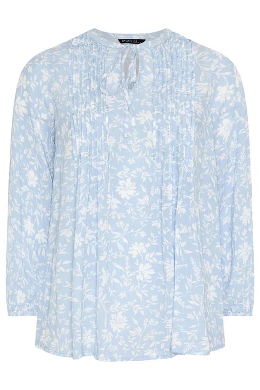 EVANS Plus Size Blue Floral Tie Neck Pintuck Blouse | Evans 6
