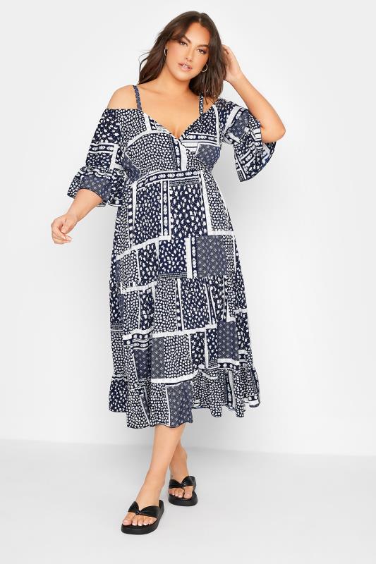 LIMITED COLLECTION Plus Size Navy Blue Patchwork Print Cold Shoulder Dress | Yours Clothing 2