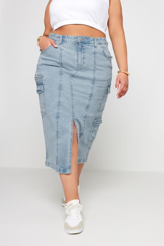  YOURS Curve Light Blue Zip Pocket Denim Maxi Skirt