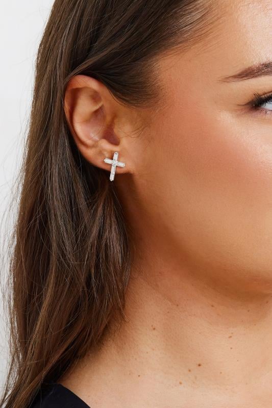 Silver Tone Diamante Cross Earring | Yours Clothing  1