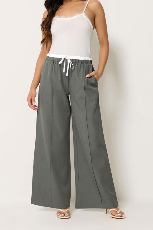 PixieGirl Petite Women's Grey Contrast Waist Wide Leg Trousers | PixieGirl 1
