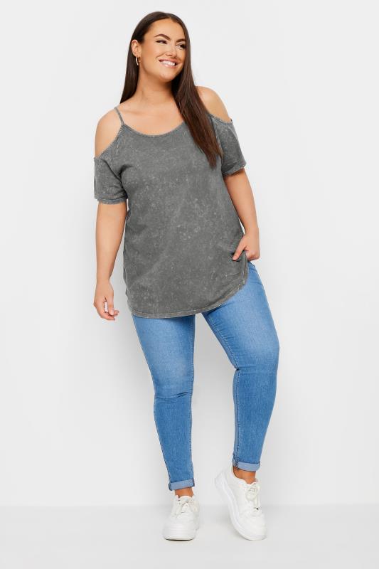 YOURS Plus Size Grey Acid Wash Cold Shoulder Top | Yours Clothing 2