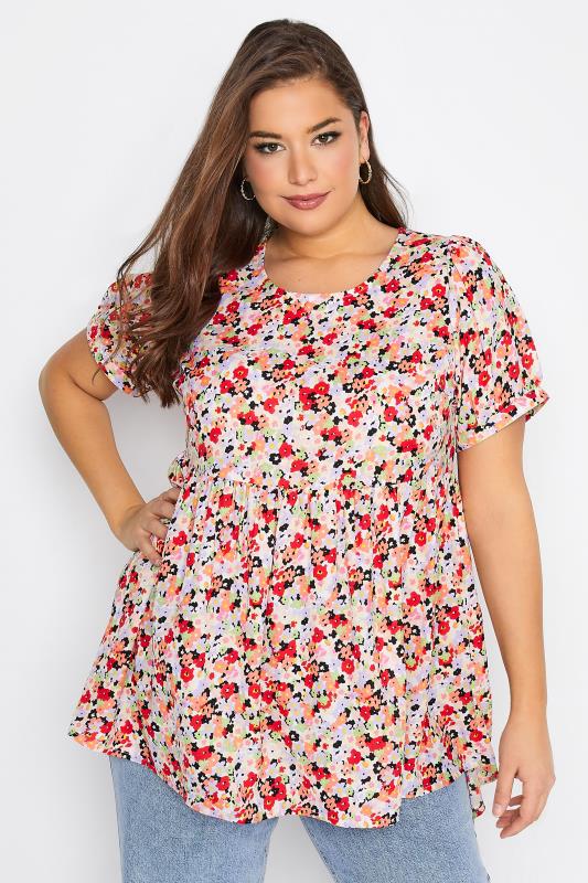 Plus Size Pink Floral Print Dipped Hem Peplum Top | Yours Clothing  1
