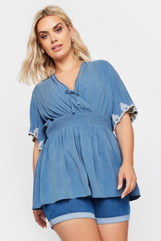 YOURS Plus Size Blue Chambray Embroidered Top | Yours Clothing 2