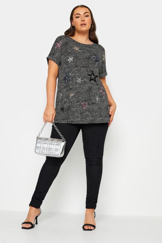 YOURS Plus Size Black Star Embellished T-Shirt | Yours Clothing 2