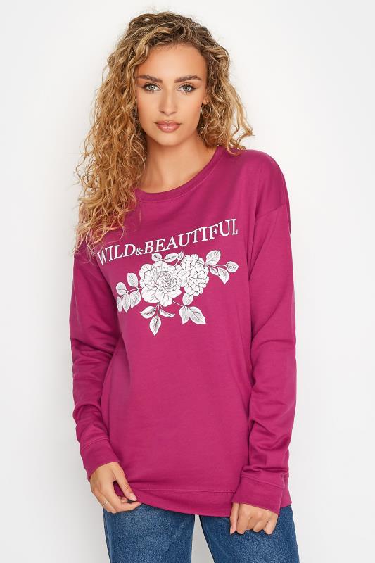 LTS Tall Hot Pink Flower "Wild & Beautiful" Print Sweatshirt 1