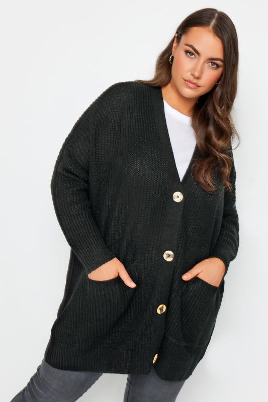 Plus Size Curve Black Button Knitted Cardigan | Yours Clothing 1