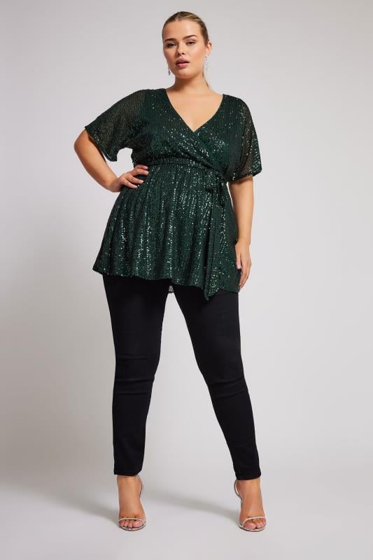 YOURS LONDON Plus Size Green Sequin Wrap Top | Yours Clothing  2