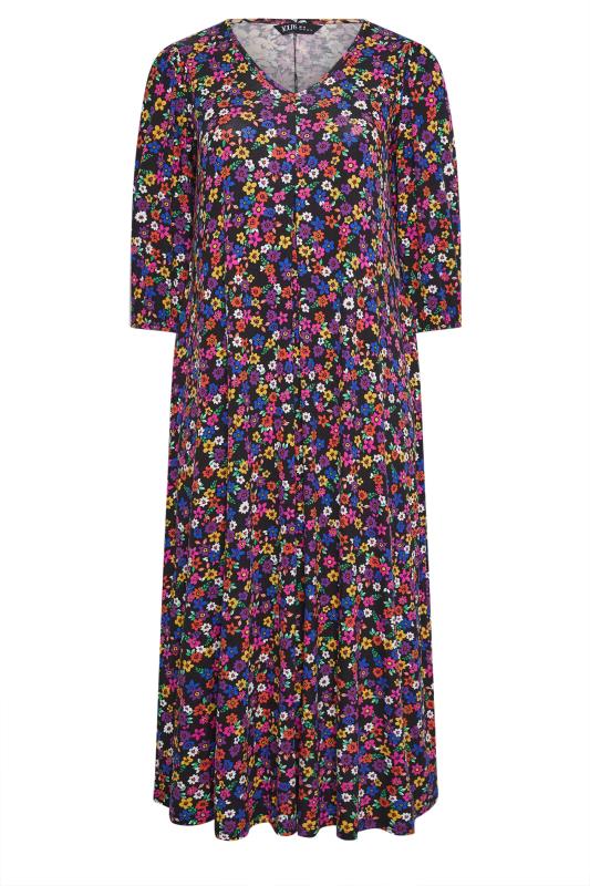 YOURS Plus Size Black Floral Print Swing Maxi Dress | Yours Clothing