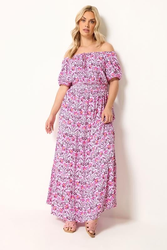 YOURS Plus Size Purple Floral Tie Neck Bardot Maxi Dress | Yours Clothing 1
