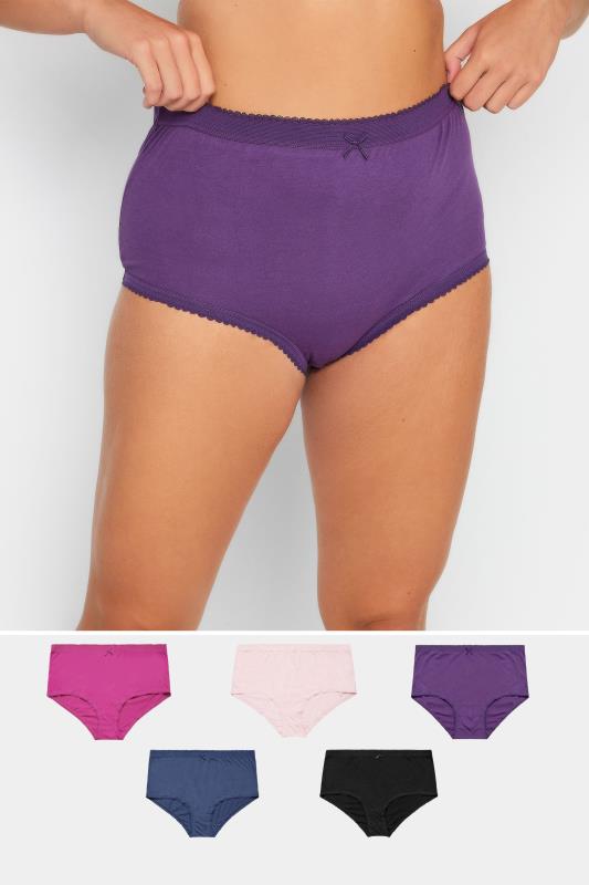 Plus Size  YOURS 5 PACK Curve Black & Purple High Waisted Full Briefs