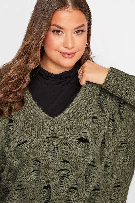 Plus Size Khaki Green Distressed V-Neck Knitted Jumper | Yours Clothing 4