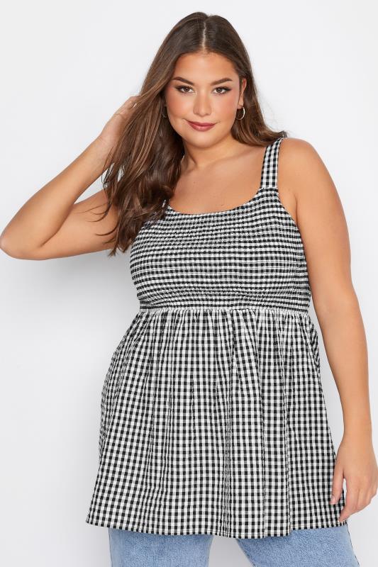 Plus Size Black Gingham Shirred Vest Top | Yours Clothing  1