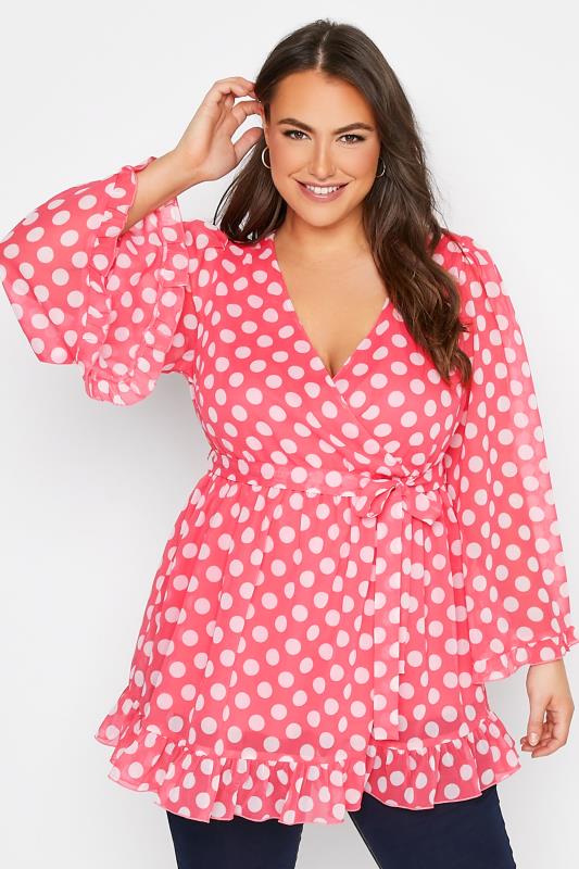 YOURS LONDON Plus Size Pink Polka Dot Ruffle Wrap Top | Yours Clothing 1