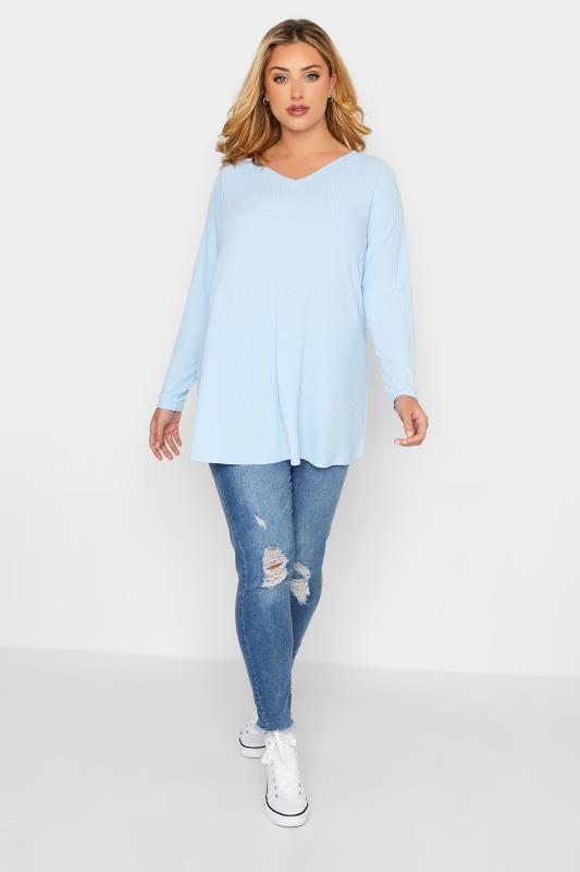 Plus Size Light Blue Long Sleeve Ribbed Swing Top | Yours Clothing 2