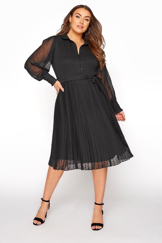 YOURS LONDON Plus Size Black Dobby Pleat Shirt Midi Dress | Yours Clothing 1