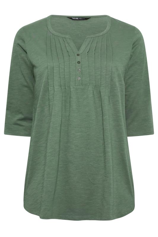 Plus Size YOURS Khaki Green Pintuck Button Henley T-Shirt | Yours Clothing 6