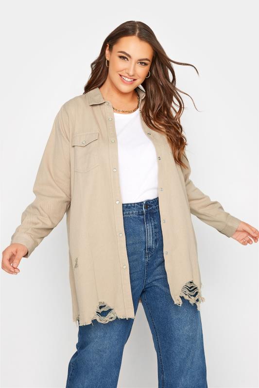 Plus Size Beige Brown Long Sleeve Distressed Denim Shirt | Yours Clothing  1