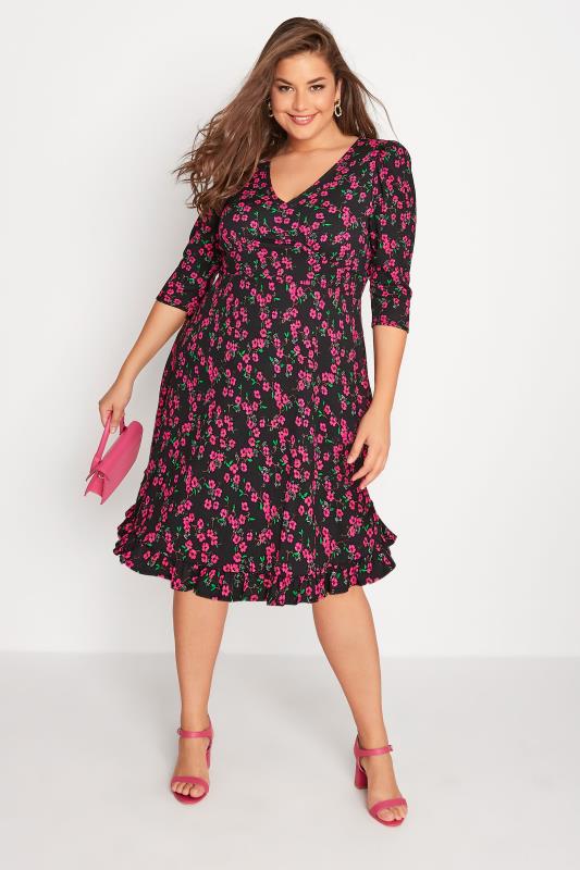  Grande Taille YOURS LONDON Curve Black & Pink Ditsy Print Frill Trim Dress