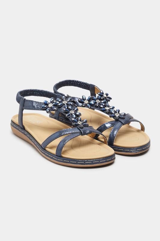Navy Blue Glitter Floral Diamante Studded Sandals In Extra Wide EEE Fit_A.jpg
