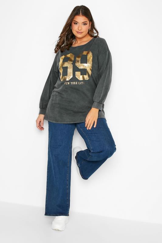 Curve Charcoal Grey '89' Slogan Acid Wash Sweatshirt | Yours Clothing 2