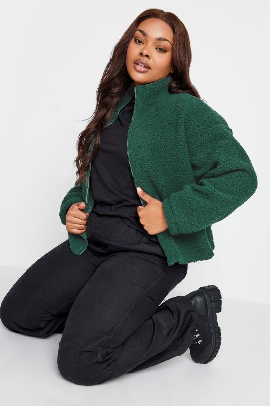 YOURS Plus Size Forest Green Cropped Zip Through Teddy Fleece | Yours Clothing 2