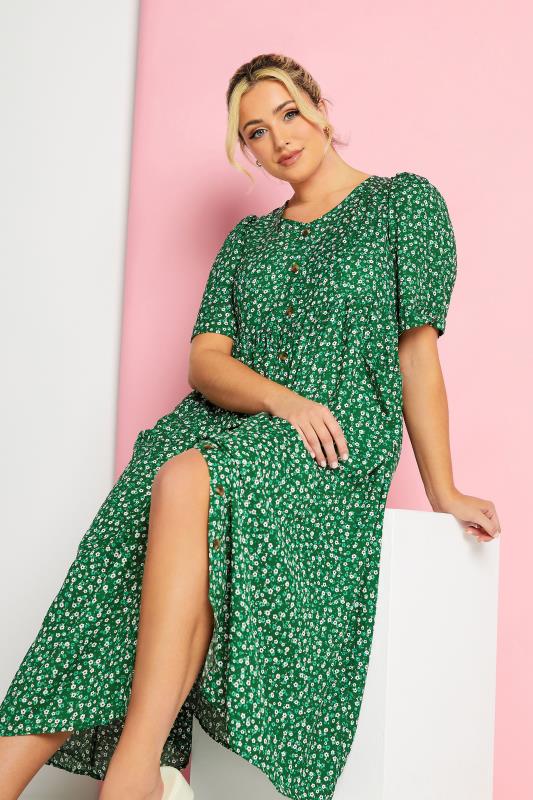 YOURS Plus Size Green Daisy Print Smock Dress | Yours Clothing 1
