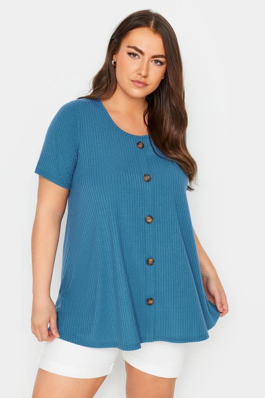  YOURS Curve Blue Button Front Ribbed Swing Top