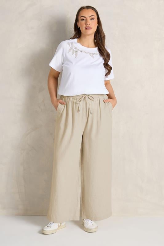 EVANS Plus Size Natural Brown Wide Leg Premium Linen Trousers | Evans 1