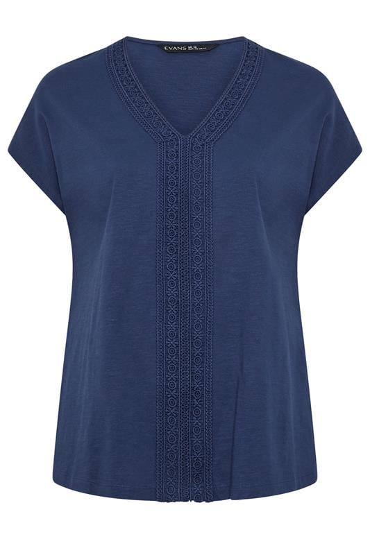 EVANS Plus Size Navy Blue Cotton Crochet Trim Tee | Evans 5