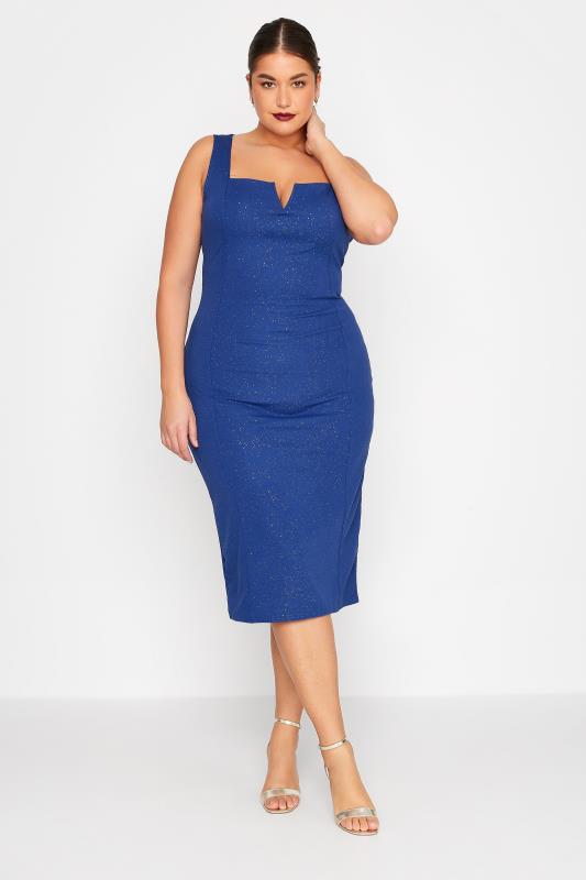 LTS Tall Women's Blue Glitter Sleeveless Notch Neck Midi Dress | Long Tall Sally 1