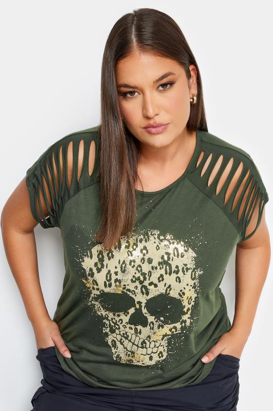 YOURS Plus Size Khaki Green Skull Print T-Shirt | Yours Clothing 4