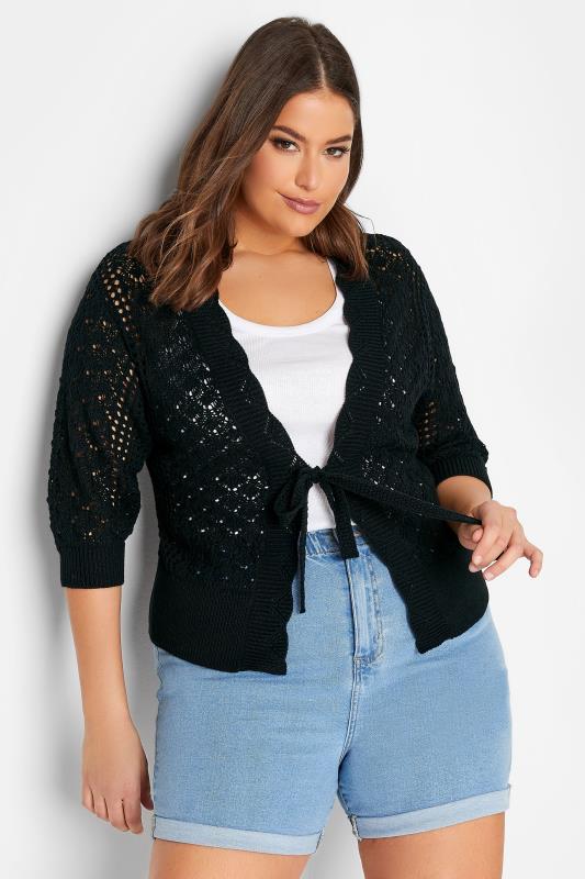 YOURS Plus Size Black Pointelle Tie Up Shrug | Yours Clothing 1
