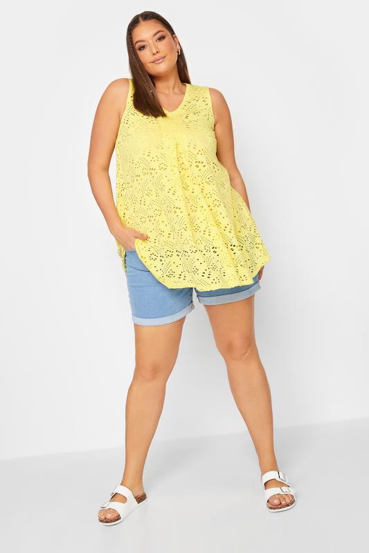 YOURS Curve Yellow Broderie Swing Vest Top | Yours Clothing 2