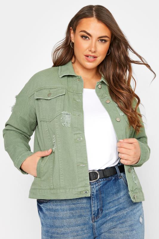 Plus Size  Curve Khaki Green Distressed Western Denim Jacket