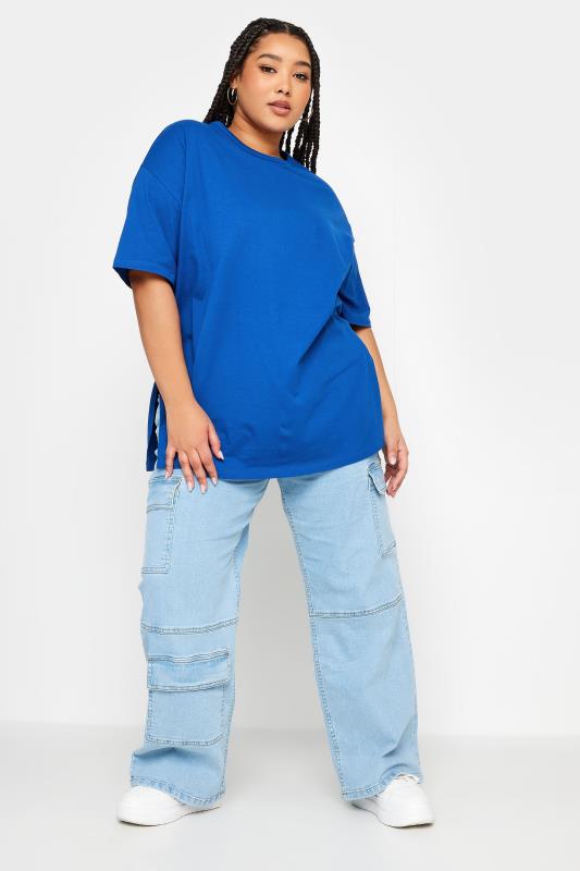 YOURS Plus Size Cobalt Blue Split Hem Oversized T-Shirt | Yours Clothing 2