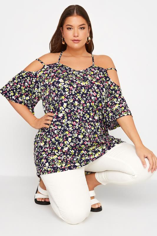 Plus Size Black Floral Strappy Cold Shoulder Top | Yours Clothing 1