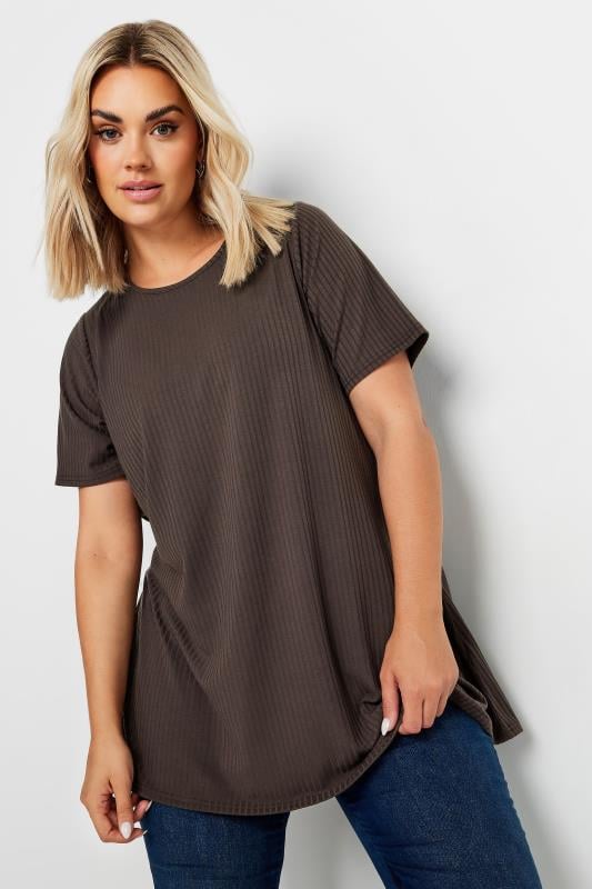  Grande Taille YOURS Curve Chocolate Brown Ribbed T-Shirt