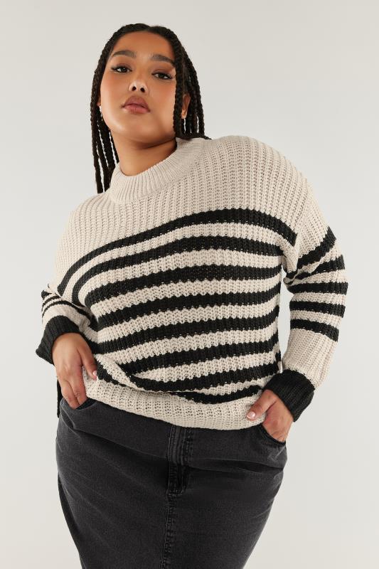 YOURS Plus Size Cream Stripe Chunky Knit Jumper | Yours Clothing 1