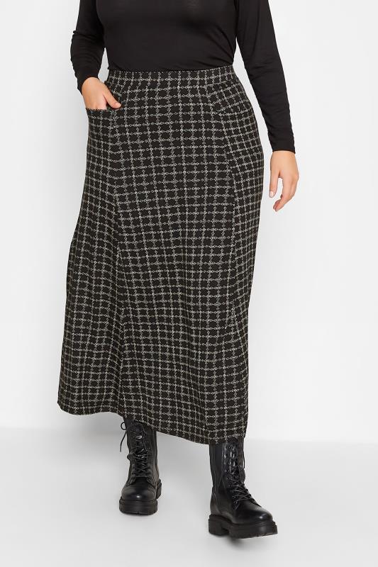  YOURS Curve Black Check Print Stretch Maxi Skirt