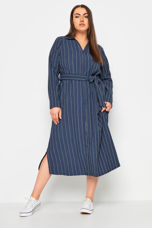 YOURS Plus Size Navy Blue Textured Pinstripe Midi Dress | Yours Clothing 2